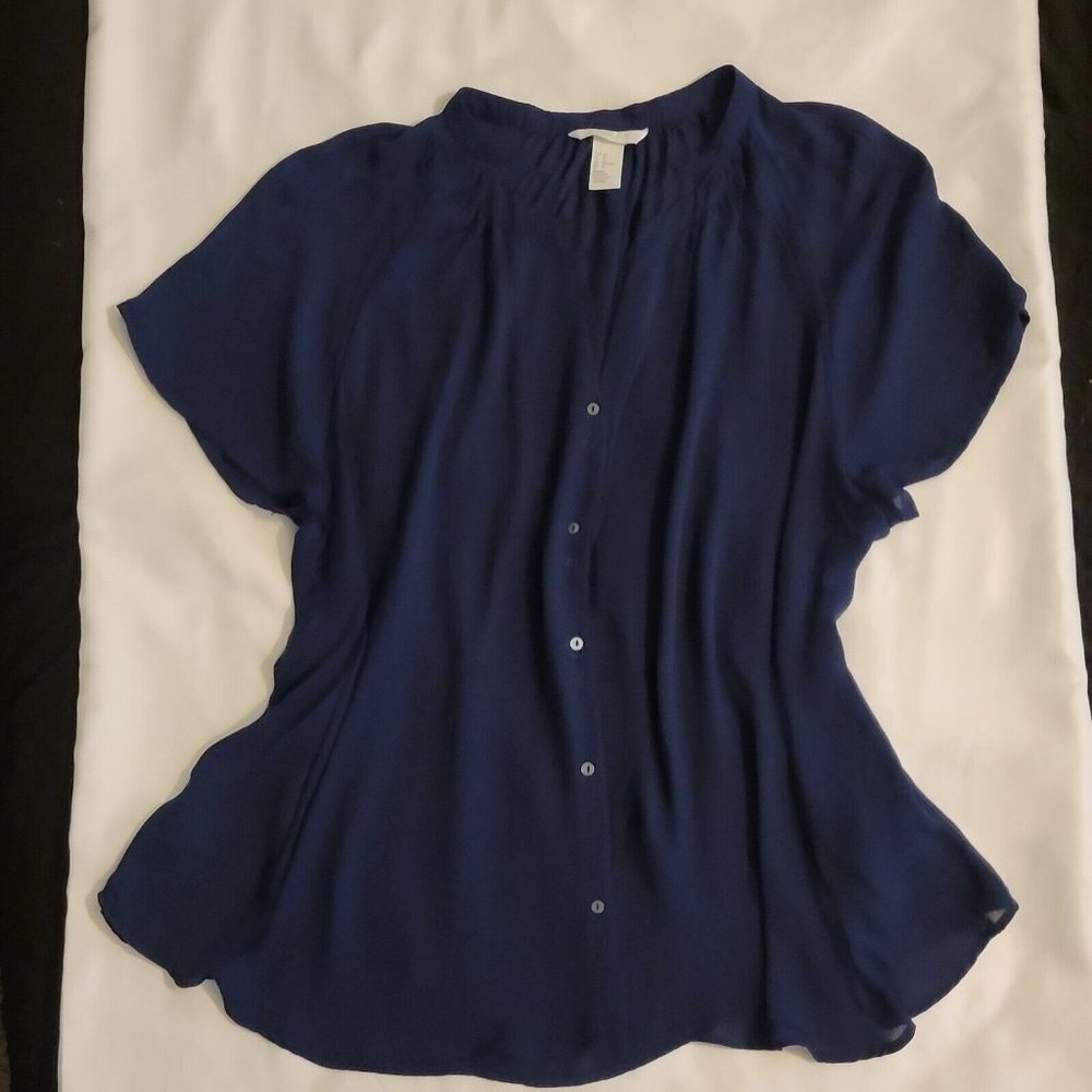 H&M V-neck Navy Blue Blouse Shear Office Blouse Top  Size 14